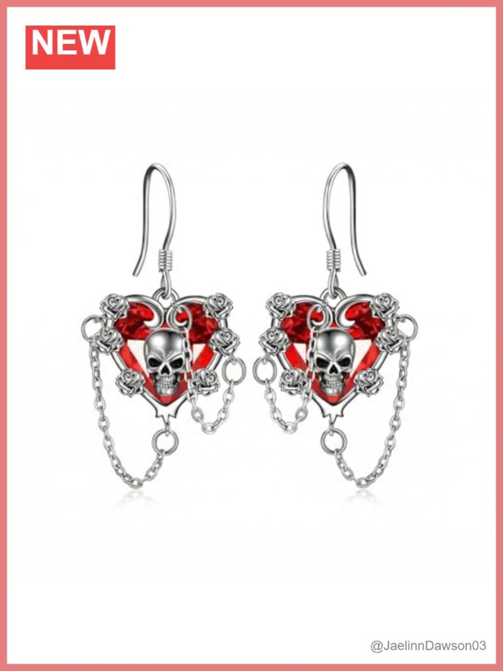 Gothic Skull Heart Drop Earrings 925 Sterling Silver Red Crystal Dangle Jewelry